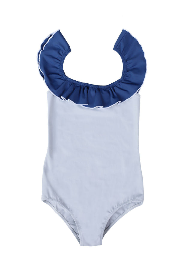 Baby and toddler swimsuit in pale grey with blue ruffle detail