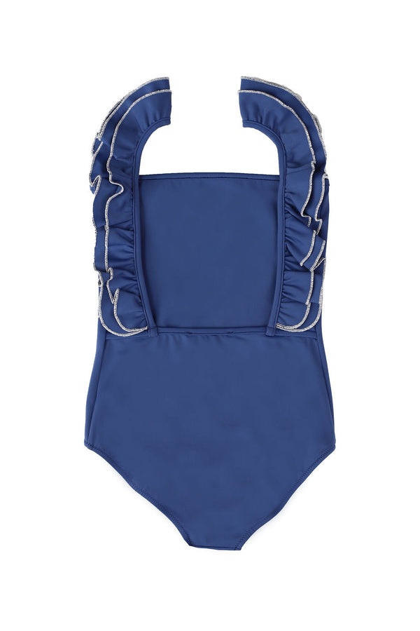 Ruffle Swimsuit in Blue with Sparkle Trim