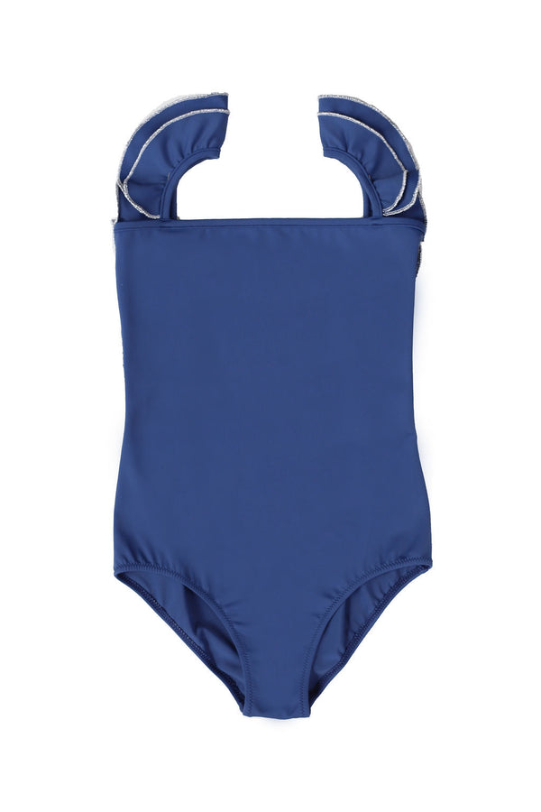 Ruffle Swimsuit in Blue with Sparkle Trim