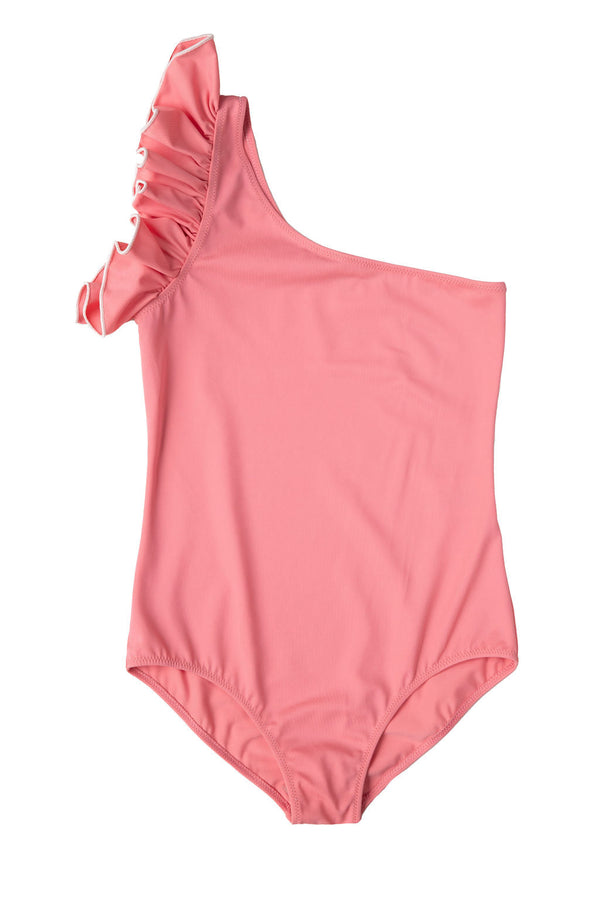One Shoulder Ruffle Swimsuit in Blush Pink