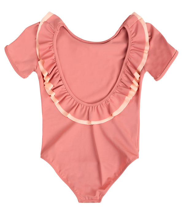 Short Sleeve Swimsuit with Ruffle detail in Coral Pink