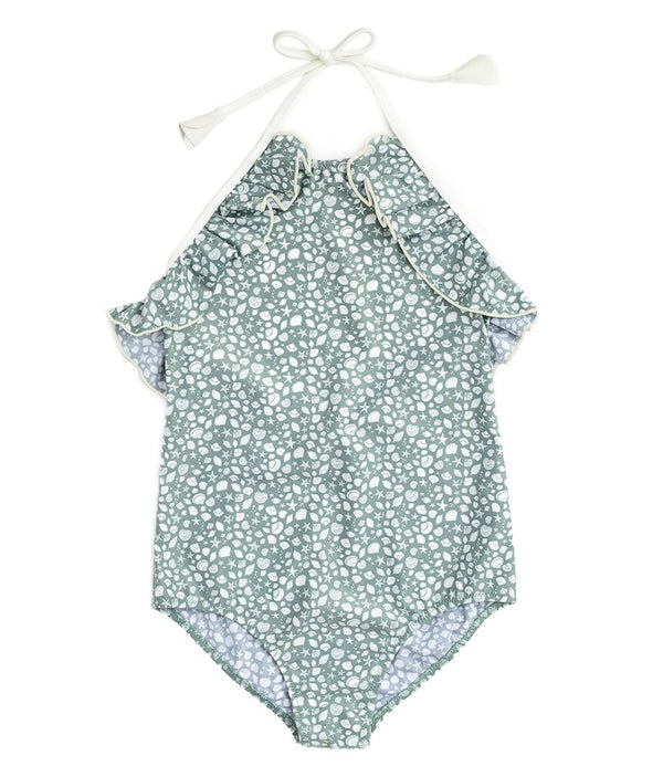 Ruffle Detail Swimsuit in Sage Shell Print