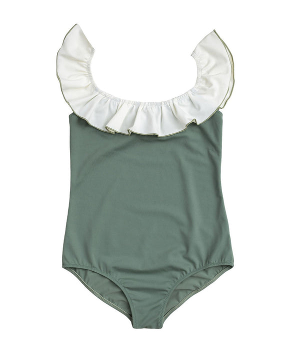 Ruffle Swimsuit in Sage Green and Ivory