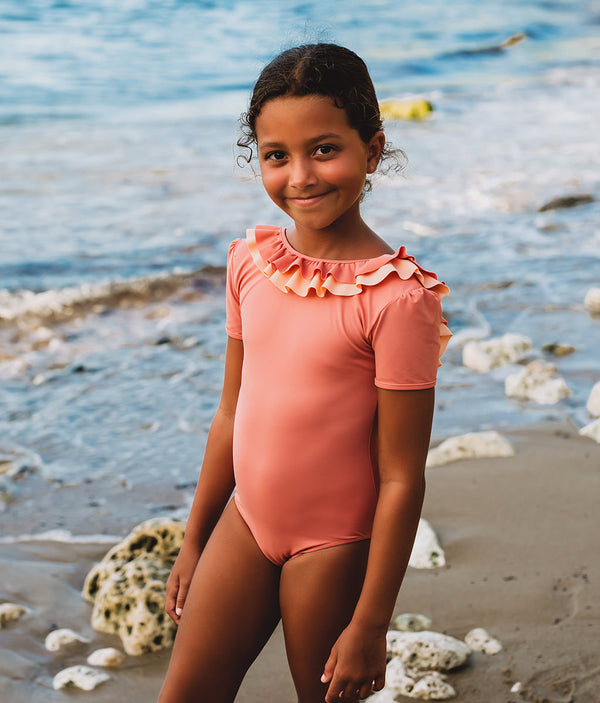 Short Sleeve Swimsuit with Ruffle detail in Coral Pink