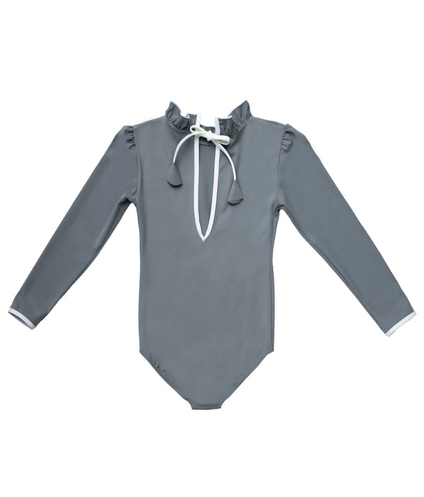 Ruffle Neck Long Sleeve Swimsuit in Pebble Grey