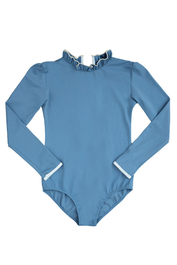 Ruffle Neck Long Sleeve Swimsuit in Dusty Blue and Ivory